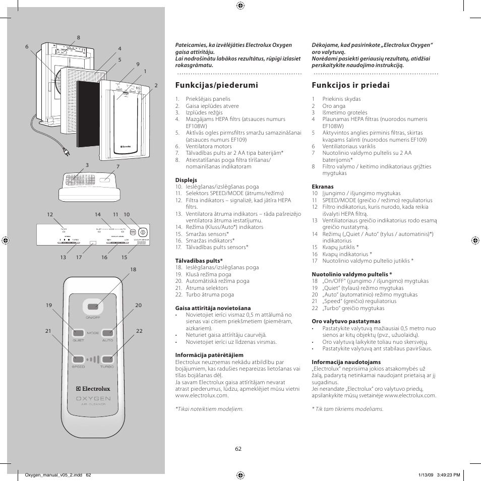 Funkcijas/piederumi, Funkcijos ir priedai | Electrolux Z9124 User Manual | Page 62 / 76