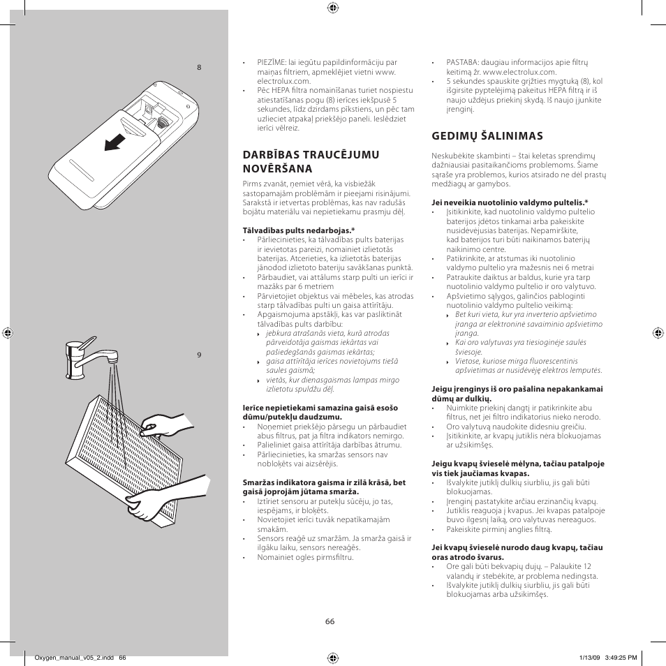 Darbības traucējumu novēršana, Gedimų šalinimas | Electrolux Z9124 User Manual | Page 66 / 76