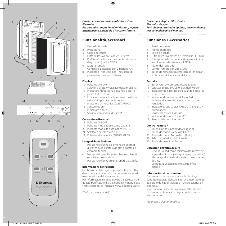 Funzionalità/accessori, Funciones / accesorios | Electrolux Z9124 User Manual | Page 8 / 76