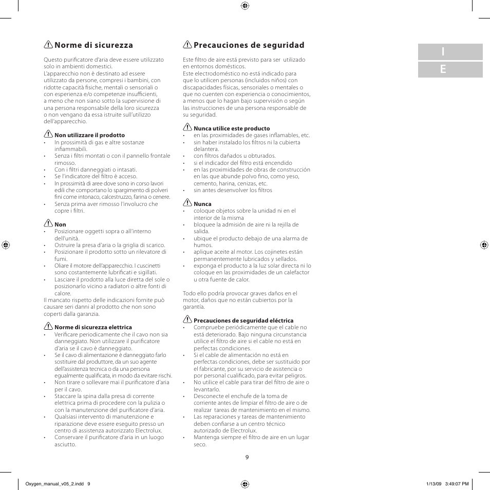 Norme di sicurezza, Precauciones de seguridad | Electrolux Z9124 User Manual | Page 9 / 76