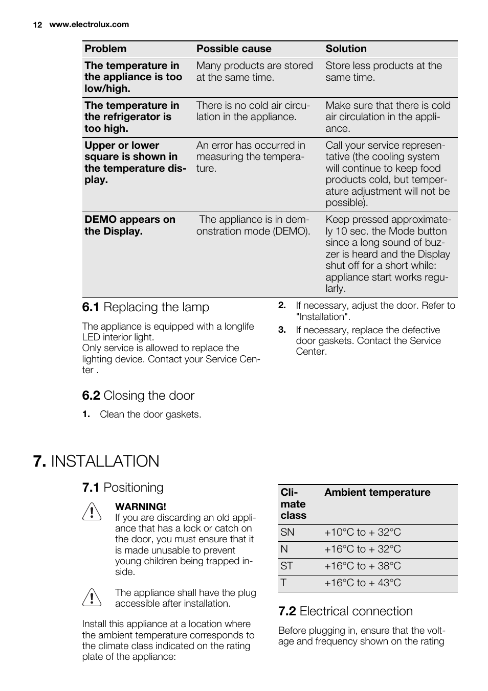 Installation, 1 replacing the lamp, 2 closing the door | 1 positioning, 2 electrical connection | Electrolux ERN3213AOW User Manual | Page 12 / 68