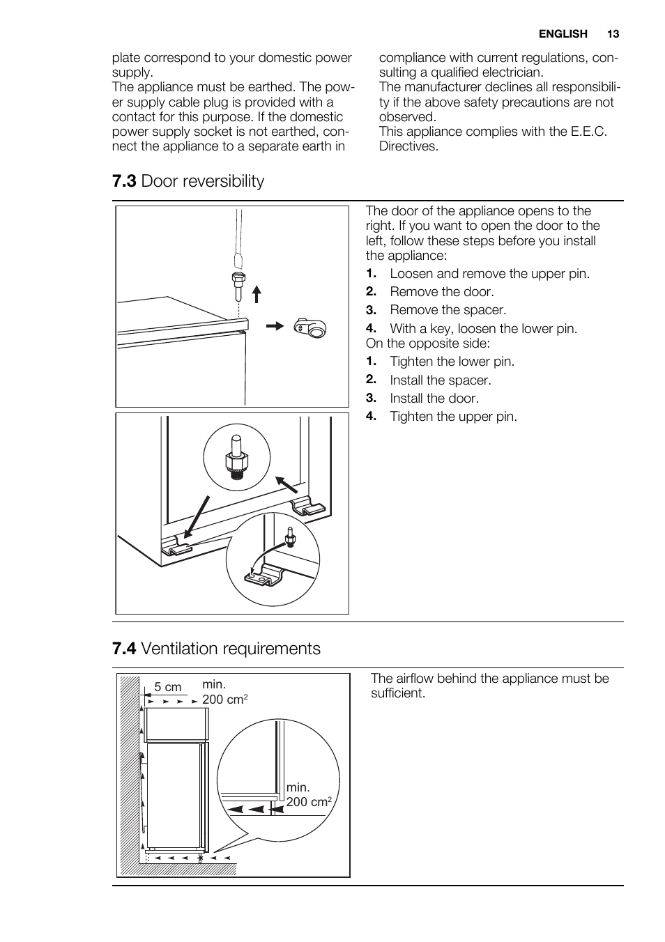 3 door reversibility, 4 ventilation requirements | Electrolux ERN3213AOW User Manual | Page 13 / 68