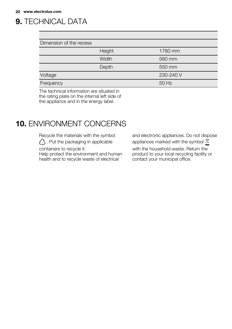 Technical data, Environment concerns | Electrolux ERN3213AOW User Manual | Page 20 / 68