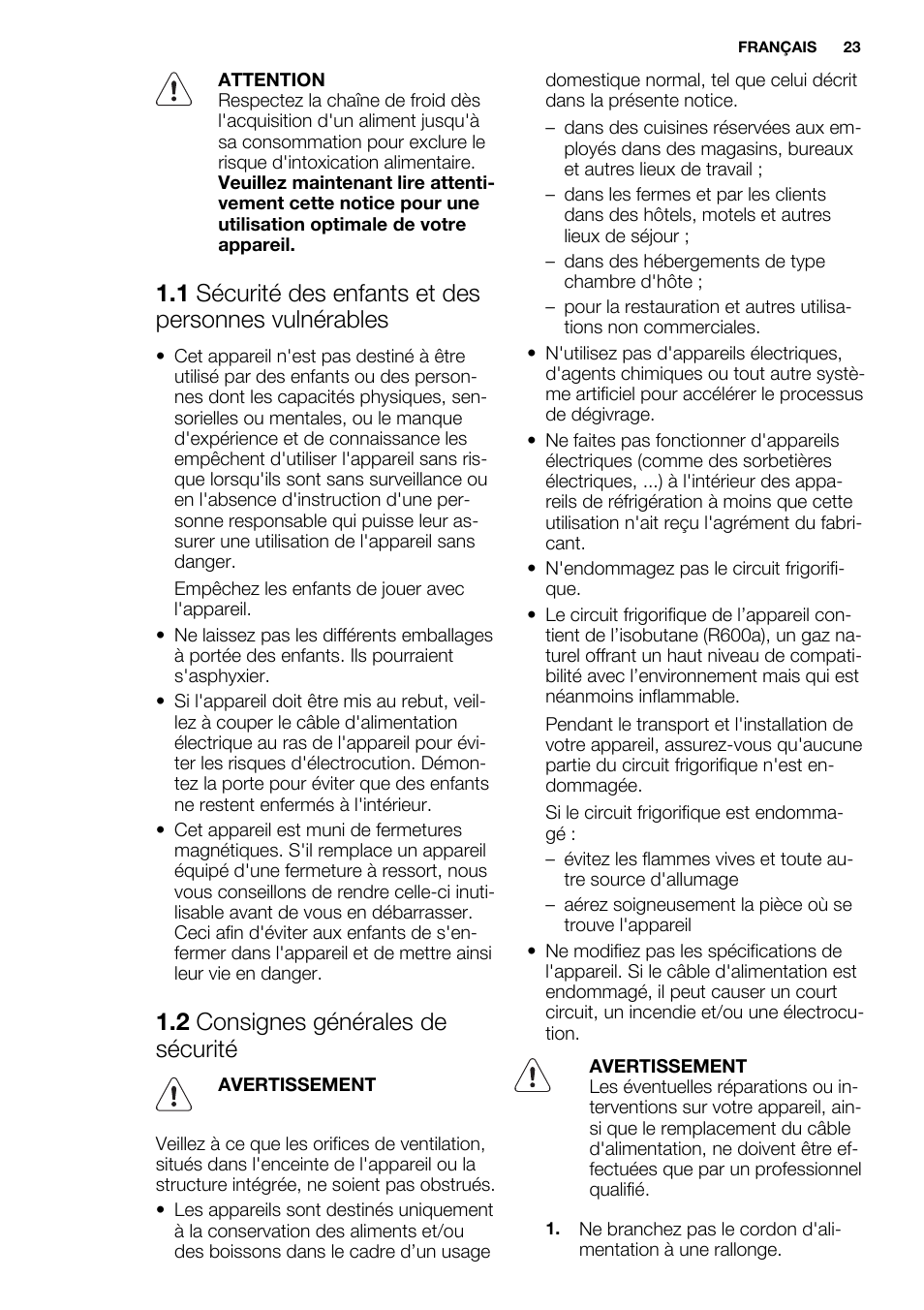 2 consignes générales de sécurité | Electrolux ERN3213AOW User Manual | Page 23 / 68