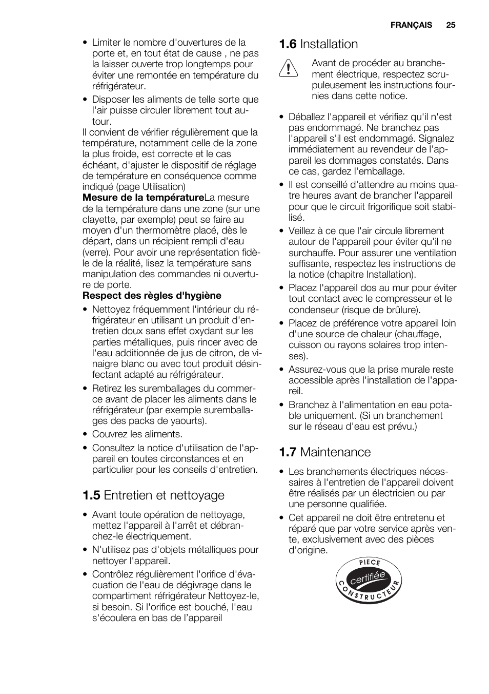 5 entretien et nettoyage, 6 installation, 7 maintenance | Electrolux ERN3213AOW User Manual | Page 25 / 68