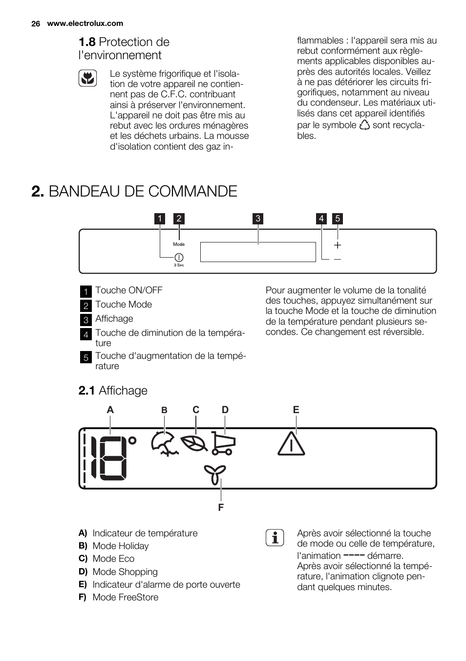 Bandeau de commande, 8 protection de l'environnement, 1 affichage | Electrolux ERN3213AOW User Manual | Page 26 / 68