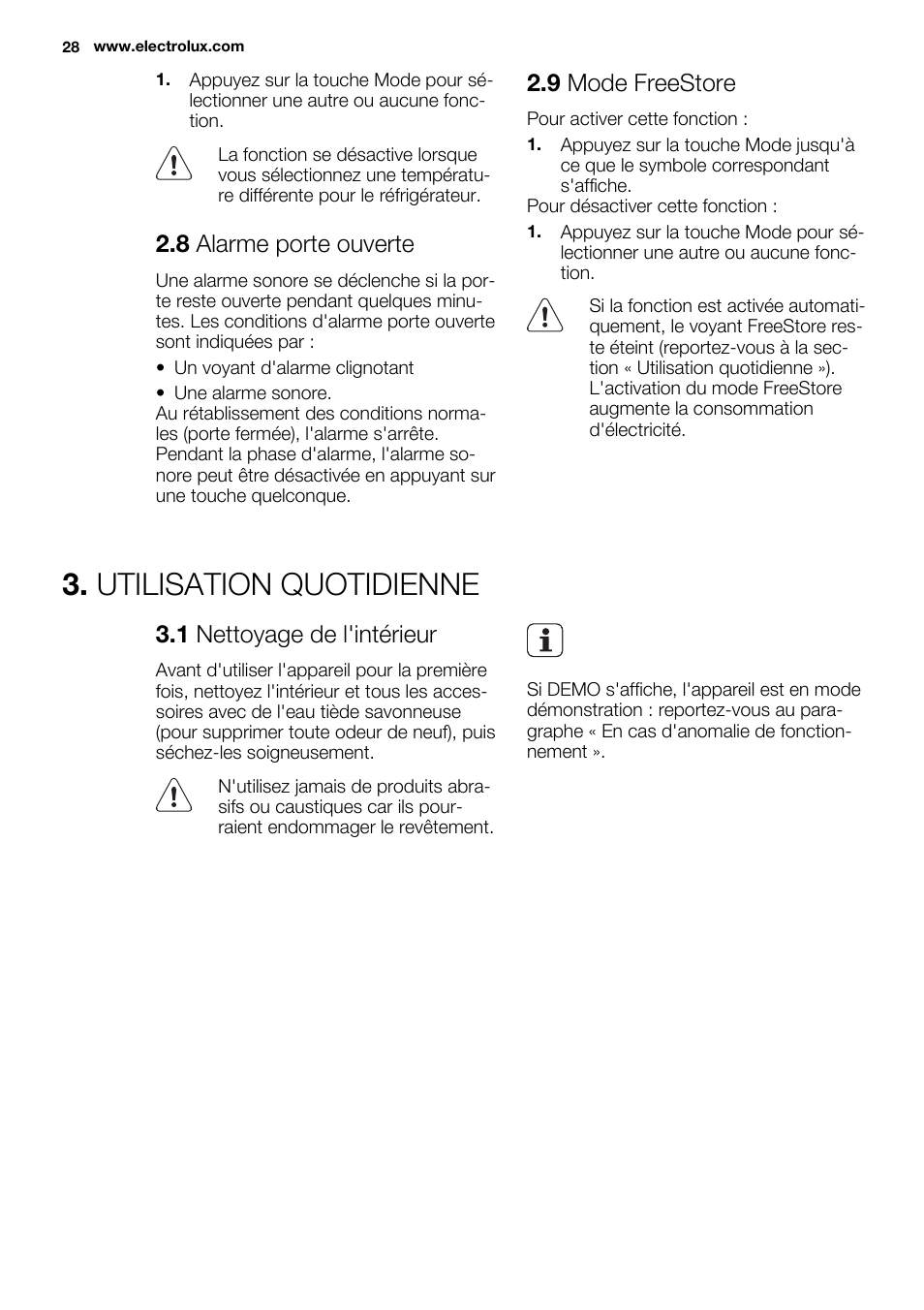 Utilisation quotidienne, 8 alarme porte ouverte, 9 mode freestore | 1 nettoyage de l'intérieur | Electrolux ERN3213AOW User Manual | Page 28 / 68