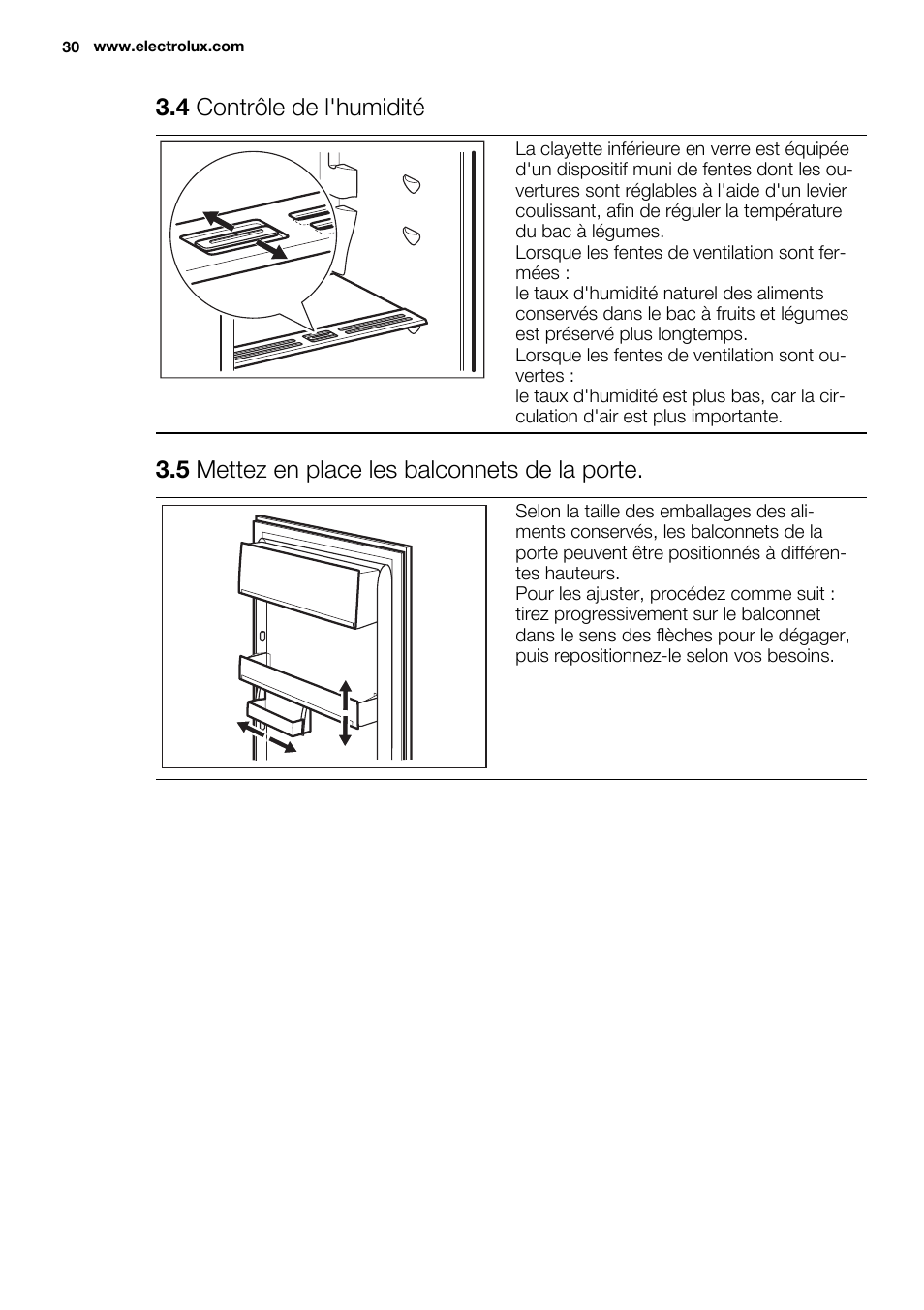 4 contrôle de l'humidité, 5 mettez en place les balconnets de la porte | Electrolux ERN3213AOW User Manual | Page 30 / 68