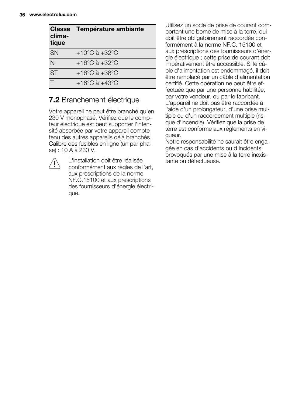 2 branchement électrique | Electrolux ERN3213AOW User Manual | Page 36 / 68