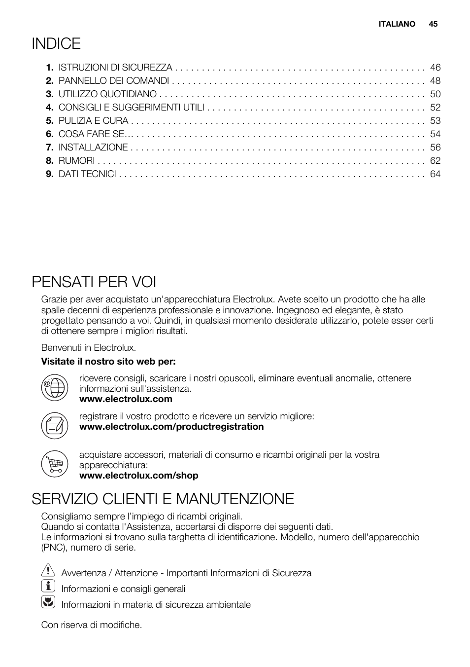 Indice, Pensati per voi, Servizio clienti e manutenzione | Electrolux ERN3213AOW User Manual | Page 45 / 68