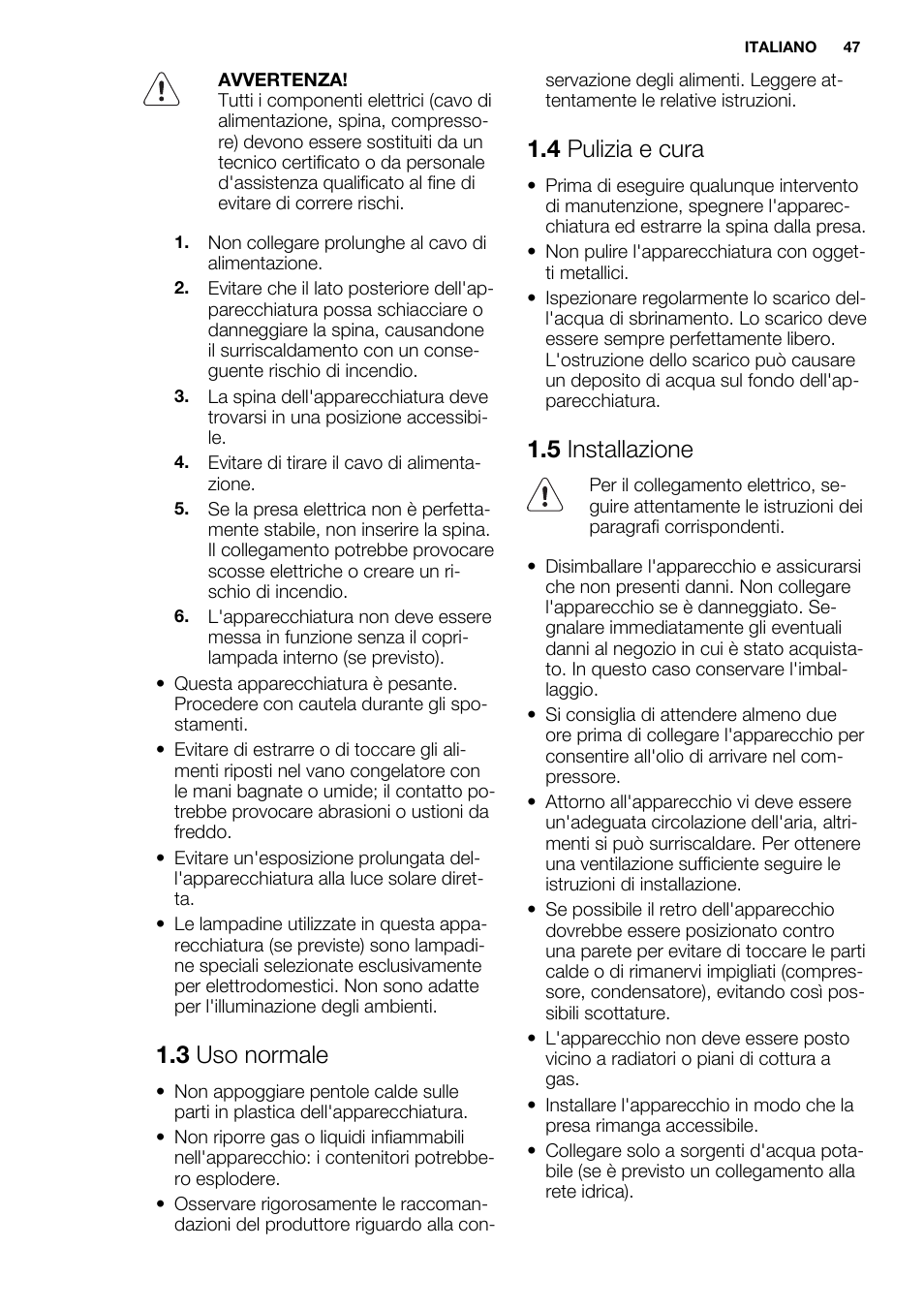 3 uso normale, 4 pulizia e cura, 5 installazione | Electrolux ERN3213AOW User Manual | Page 47 / 68