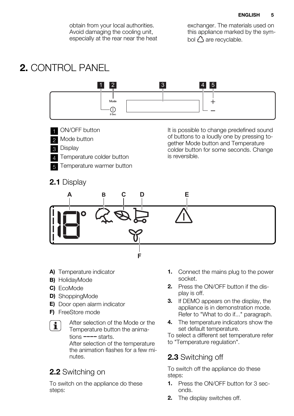 Control panel, 1 display, 2 switching on | 3 switching off | Electrolux ERN3213AOW User Manual | Page 5 / 68