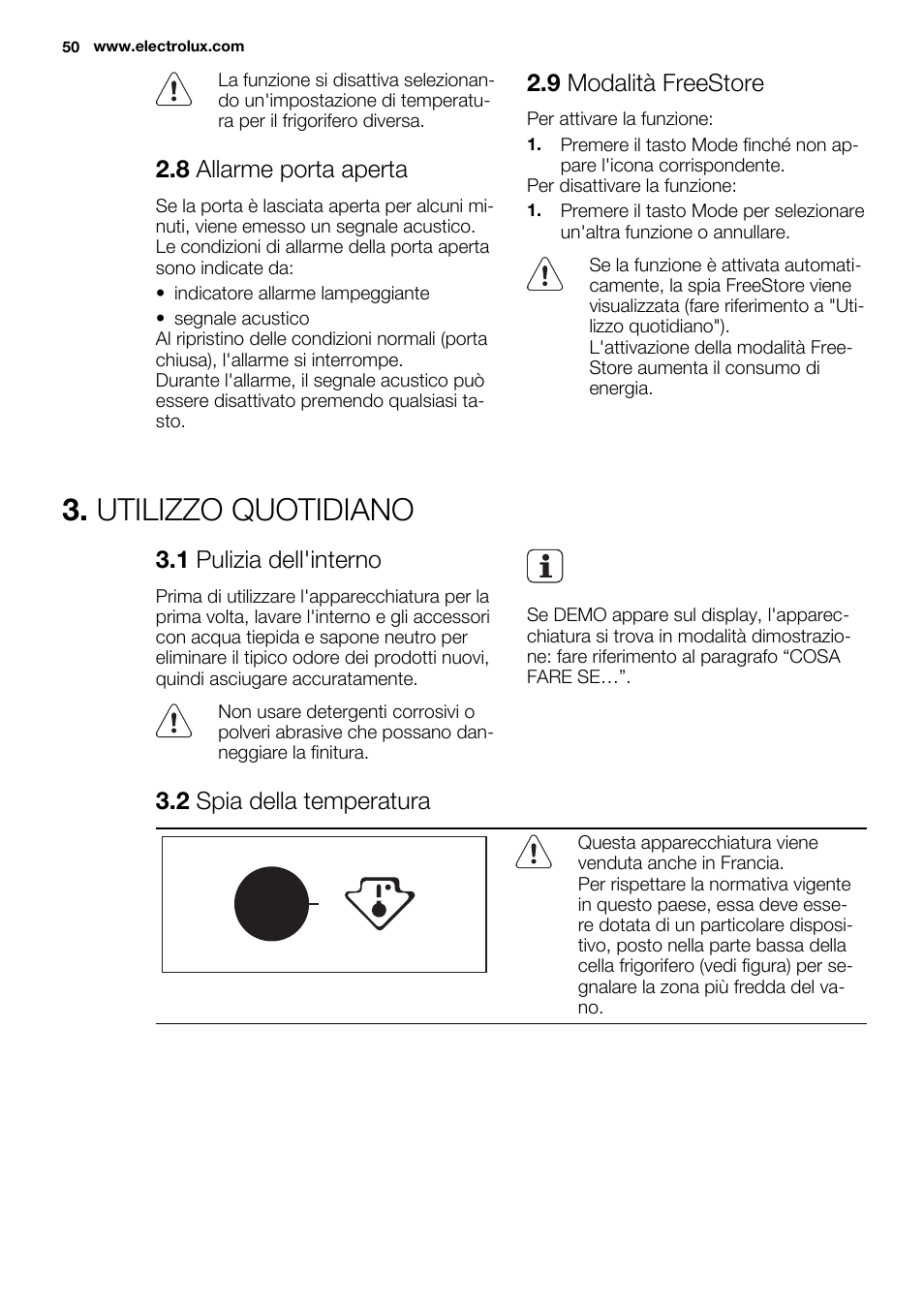 Utilizzo quotidiano, 8 allarme porta aperta, 9 modalità freestore | 1 pulizia dell'interno, 2 spia della temperatura | Electrolux ERN3213AOW User Manual | Page 50 / 68