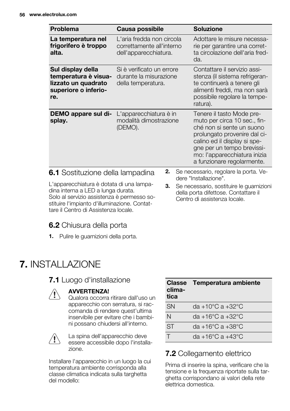 Installazione, 1 sostituzione della lampadina, 2 chiusura della porta | 1 luogo d'installazione, 2 collegamento elettrico | Electrolux ERN3213AOW User Manual | Page 56 / 68