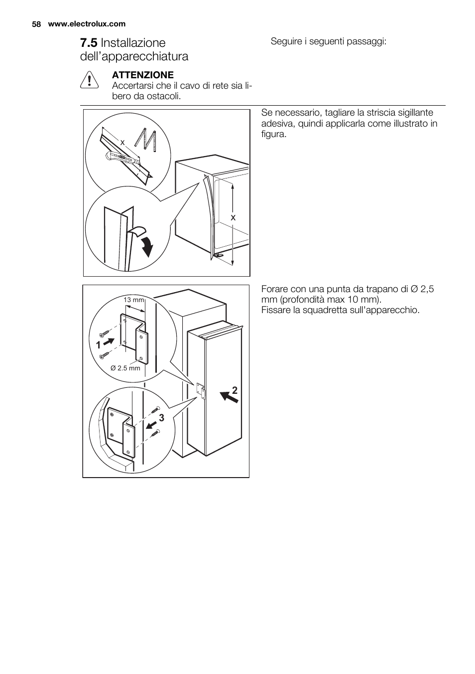 5 installazione dell’apparecchiatura | Electrolux ERN3213AOW User Manual | Page 58 / 68
