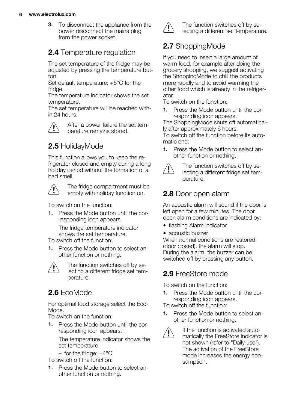 4 temperature regulation, 5 holidaymode, 6 ecomode | 7 shoppingmode, 8 door open alarm, 9 freestore mode | Electrolux ERN3213AOW User Manual | Page 6 / 68