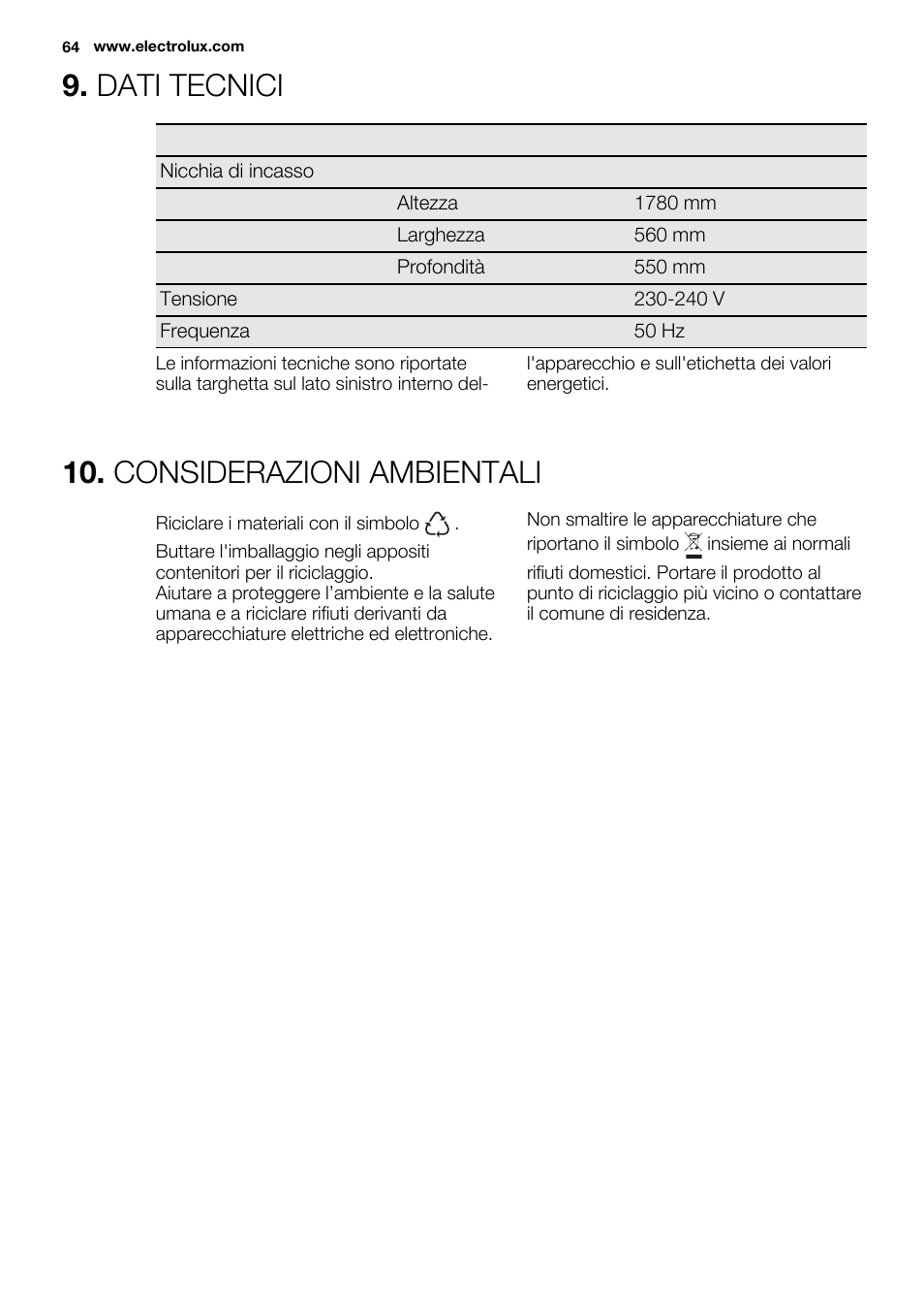 Dati tecnici, Considerazioni ambientali | Electrolux ERN3213AOW User Manual | Page 64 / 68