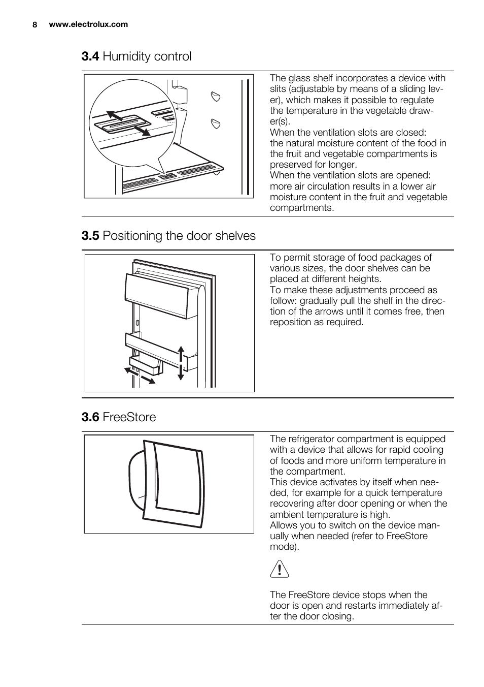 4 humidity control, 5 positioning the door shelves, 6 freestore | Electrolux ERN3213AOW User Manual | Page 8 / 68