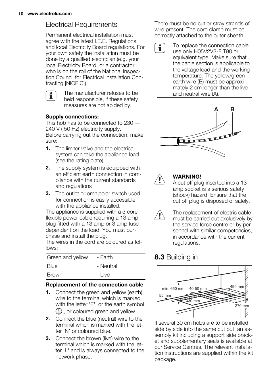 Electrical requirements, 3 building in | Electrolux EHF3920BOK User Manual | Page 10 / 56