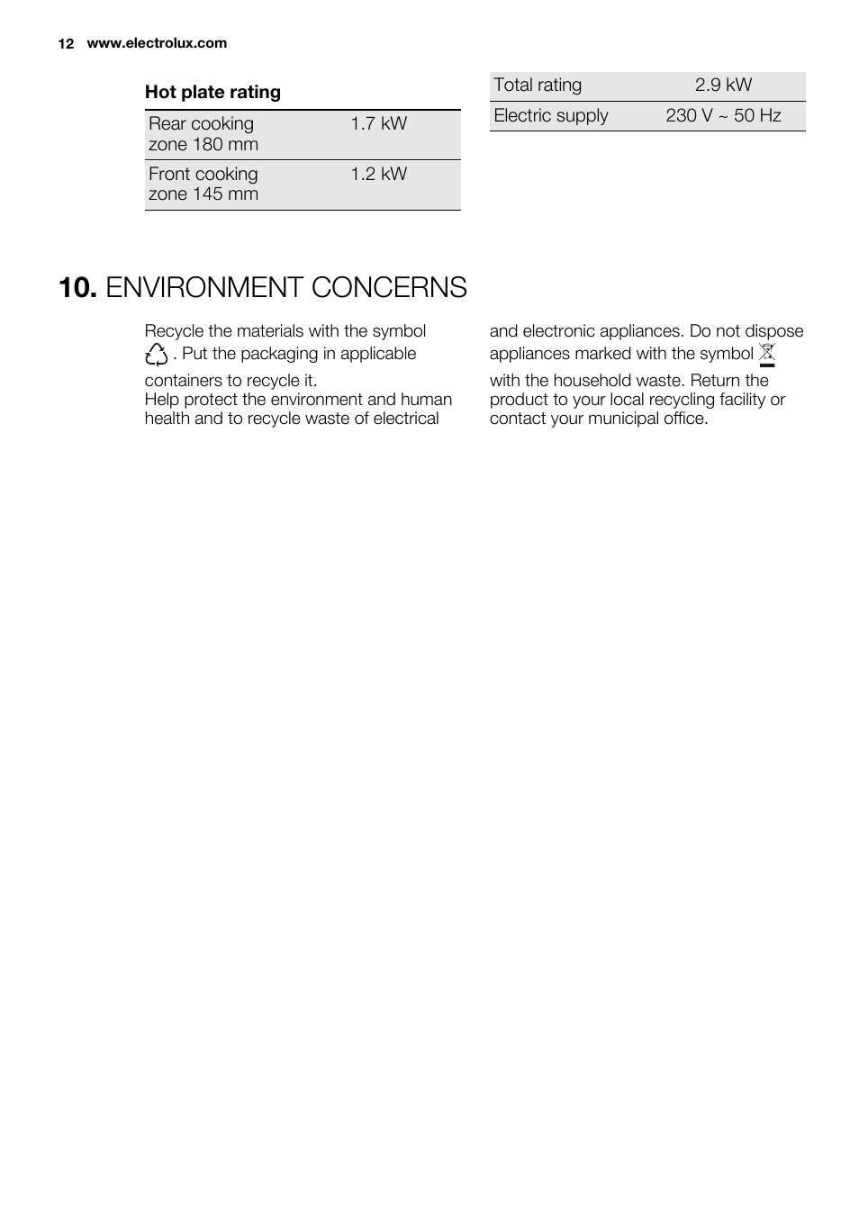 Environment concerns | Electrolux EHF3920BOK User Manual | Page 12 / 56