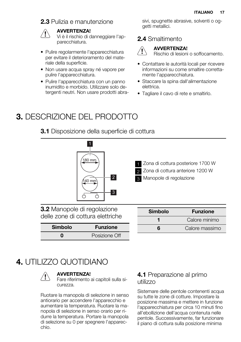 Descrizione del prodotto, Utilizzo quotidiano, 3 pulizia e manutenzione | 4 smaltimento, 1 disposizione della superficie di cottura, 1 preparazione al primo utilizzo | Electrolux EHF3920BOK User Manual | Page 17 / 56