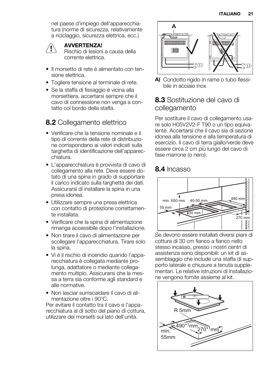 2 collegamento elettrico, 3 sostituzione del cavo di collegamento, 4 incasso | Electrolux EHF3920BOK User Manual | Page 21 / 56