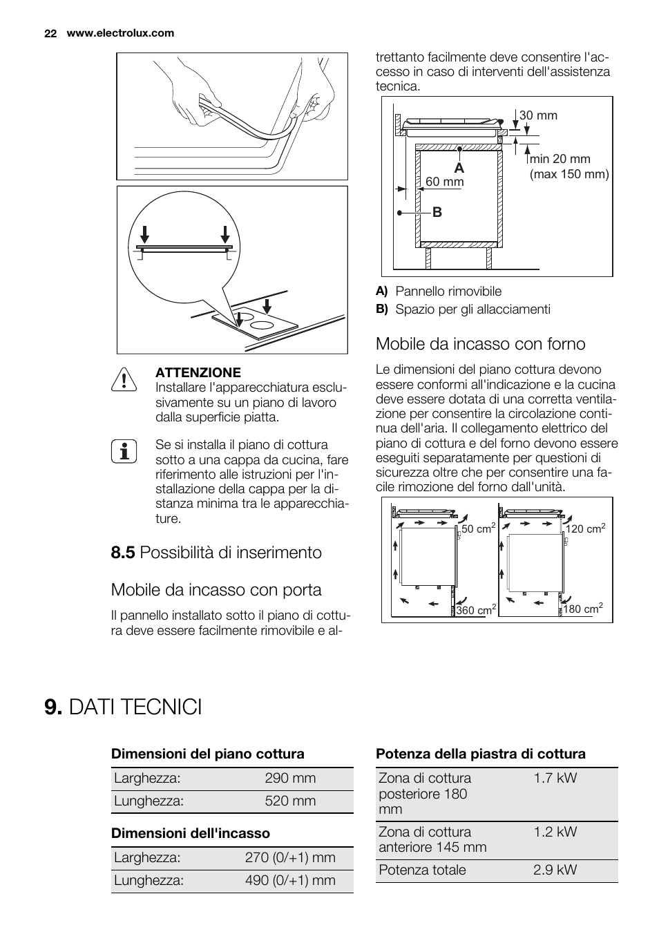 Dati tecnici, Mobile da incasso con forno | Electrolux EHF3920BOK User Manual | Page 22 / 56