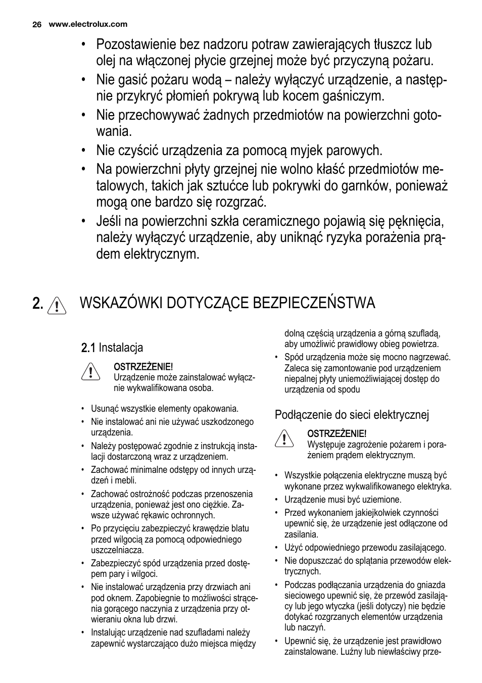 Wskazówki dotyczące bezpieczeństwa | Electrolux EHF3920BOK User Manual | Page 26 / 56