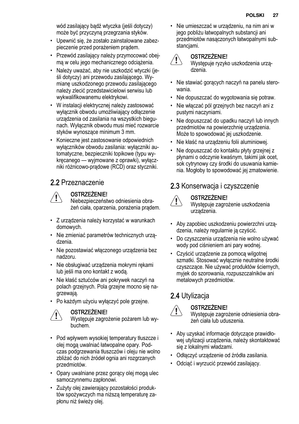 2 przeznaczenie, 3 konserwacja i czyszczenie, 4 utylizacja | Electrolux EHF3920BOK User Manual | Page 27 / 56