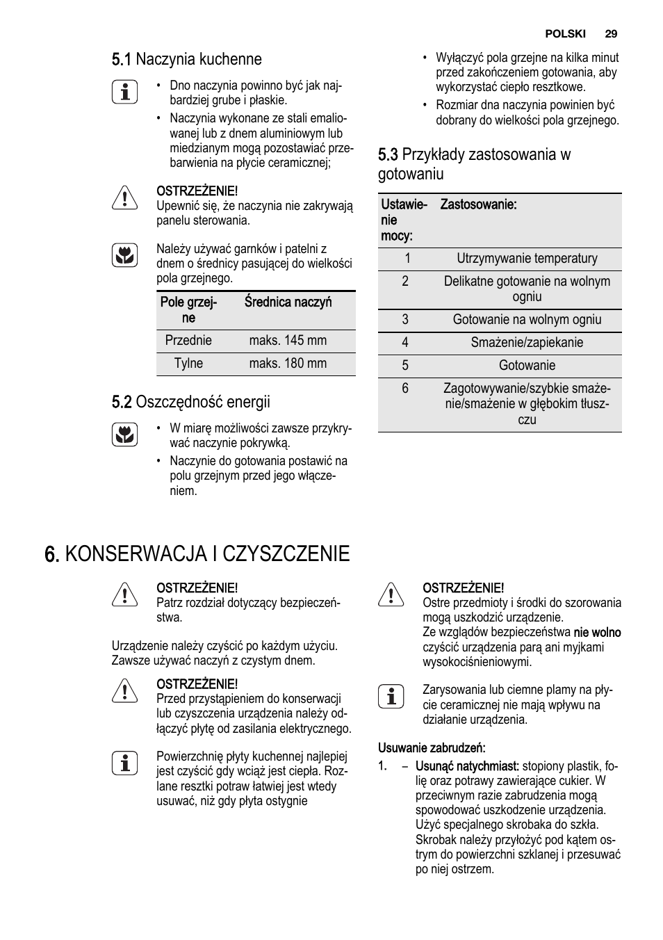 Konserwacja i czyszczenie, 1 naczynia kuchenne, 2 oszczędność energii | 3 przykłady zastosowania w gotowaniu | Electrolux EHF3920BOK User Manual | Page 29 / 56