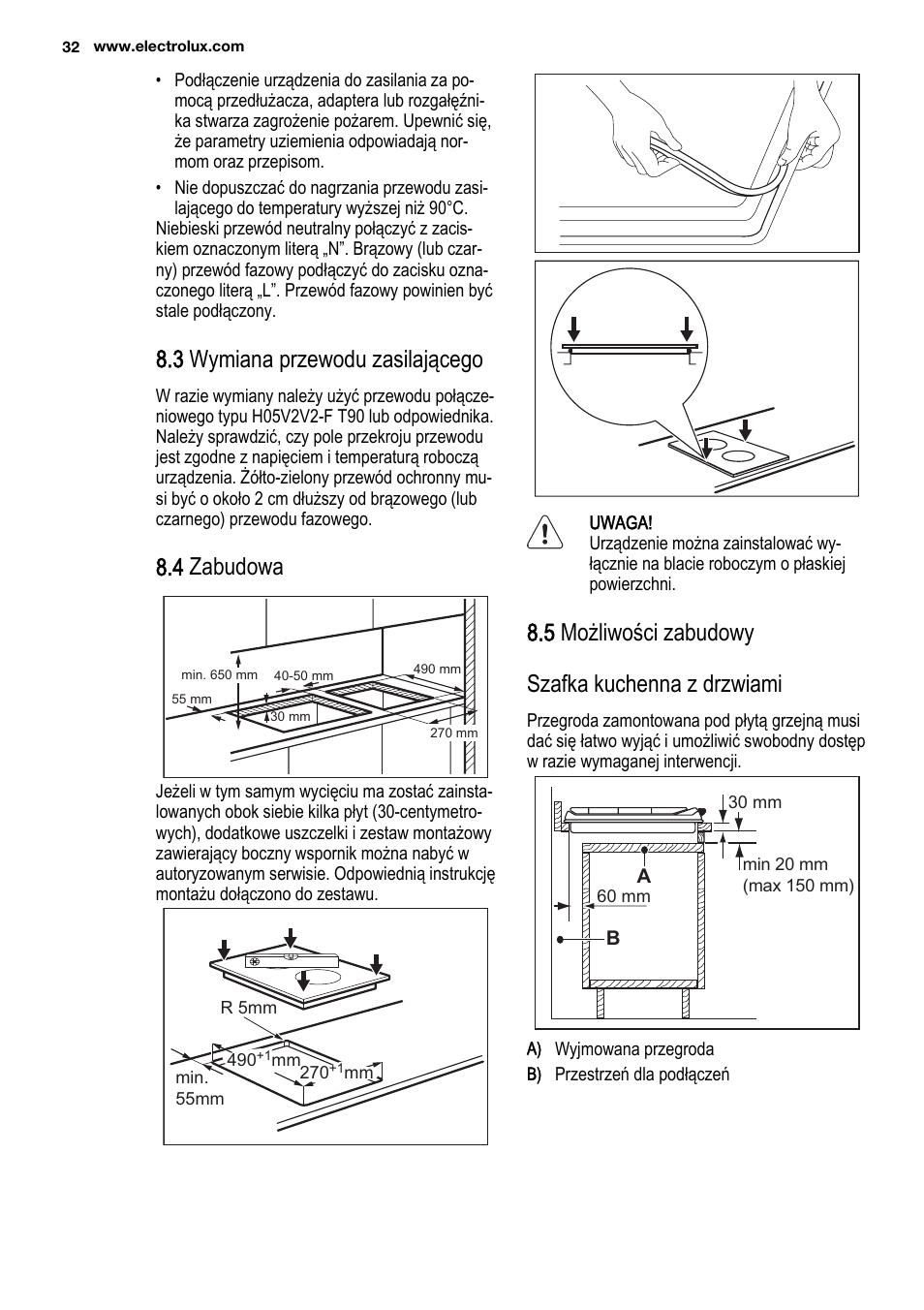 3 wymiana przewodu zasilającego, 4 zabudowa, 5 możliwości zabudowy szafka kuchenna z drzwiami | Electrolux EHF3920BOK User Manual | Page 32 / 56