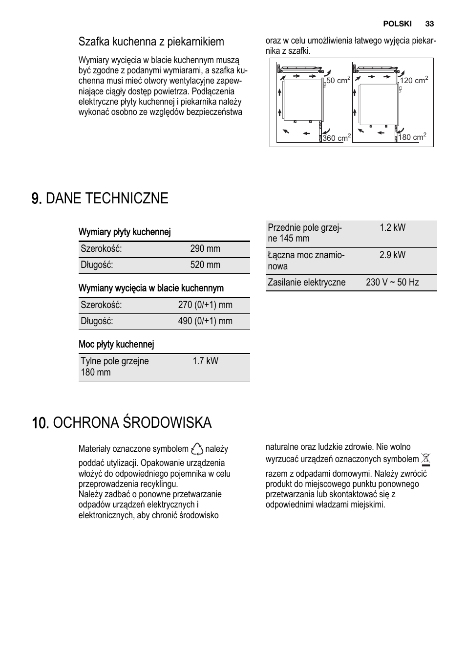 Dane techniczne, Ochrona środowiska, Szafka kuchenna z piekarnikiem | Electrolux EHF3920BOK User Manual | Page 33 / 56