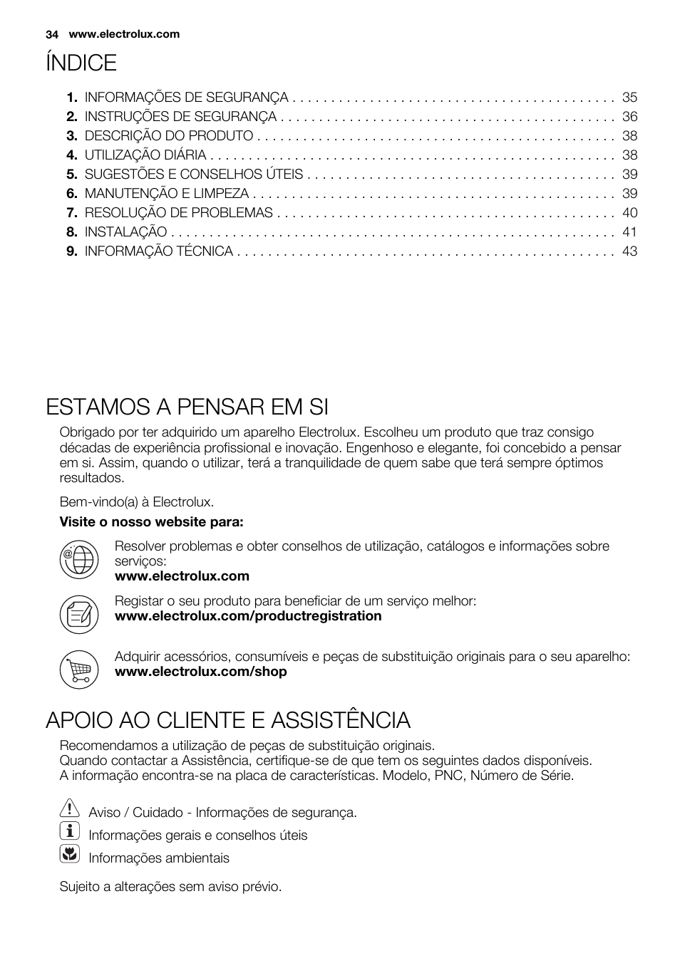Índice, Estamos a pensar em si, Apoio ao cliente e assistência | Electrolux EHF3920BOK User Manual | Page 34 / 56