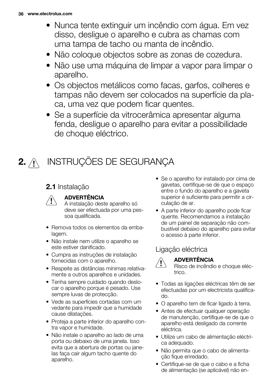 Instruções de segurança | Electrolux EHF3920BOK User Manual | Page 36 / 56