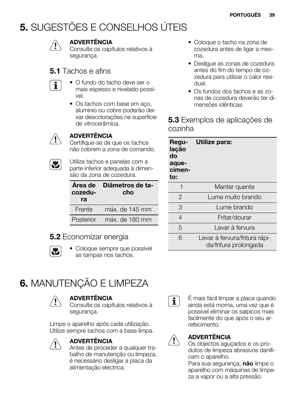 Sugestões e conselhos úteis, Manutenção e limpeza, 1 tachos e afins | 2 economizar energia, 3 exemplos de aplicações de cozinha | Electrolux EHF3920BOK User Manual | Page 39 / 56