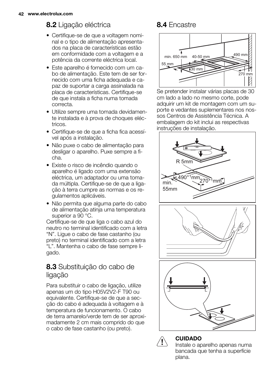 2 ligação eléctrica, 3 substituição do cabo de ligação, 4 encastre | Electrolux EHF3920BOK User Manual | Page 42 / 56