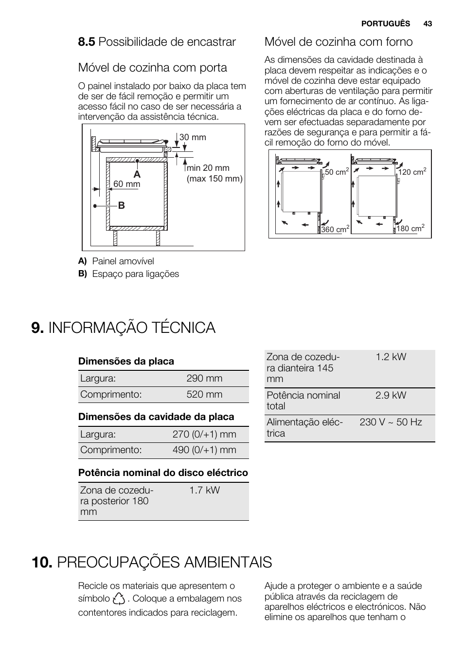 Informação técnica, Preocupações ambientais, Móvel de cozinha com forno | Electrolux EHF3920BOK User Manual | Page 43 / 56