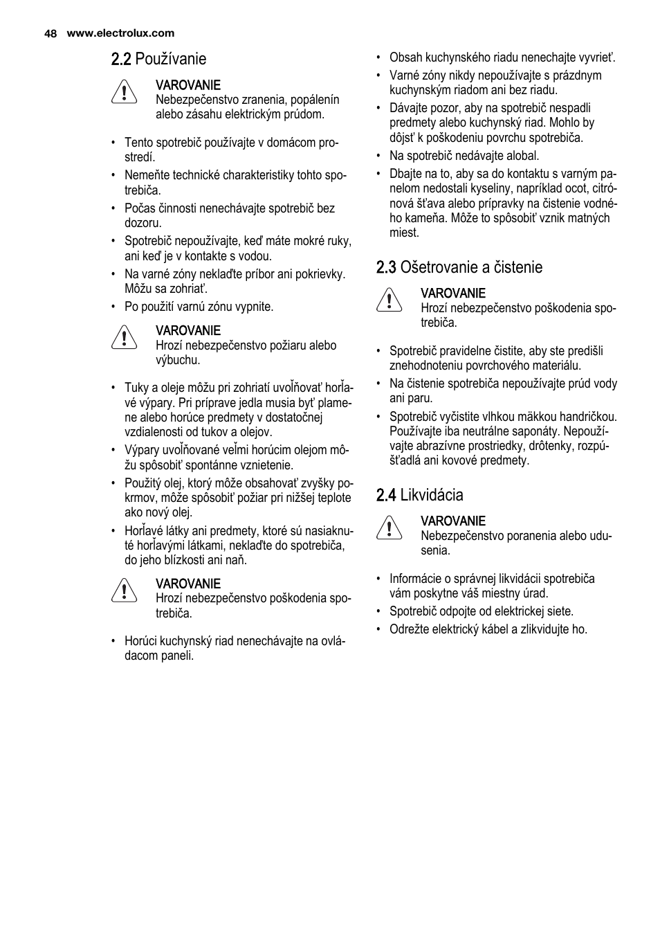 2 používanie, 3 ošetrovanie a čistenie, 4 likvidácia | Electrolux EHF3920BOK User Manual | Page 48 / 56