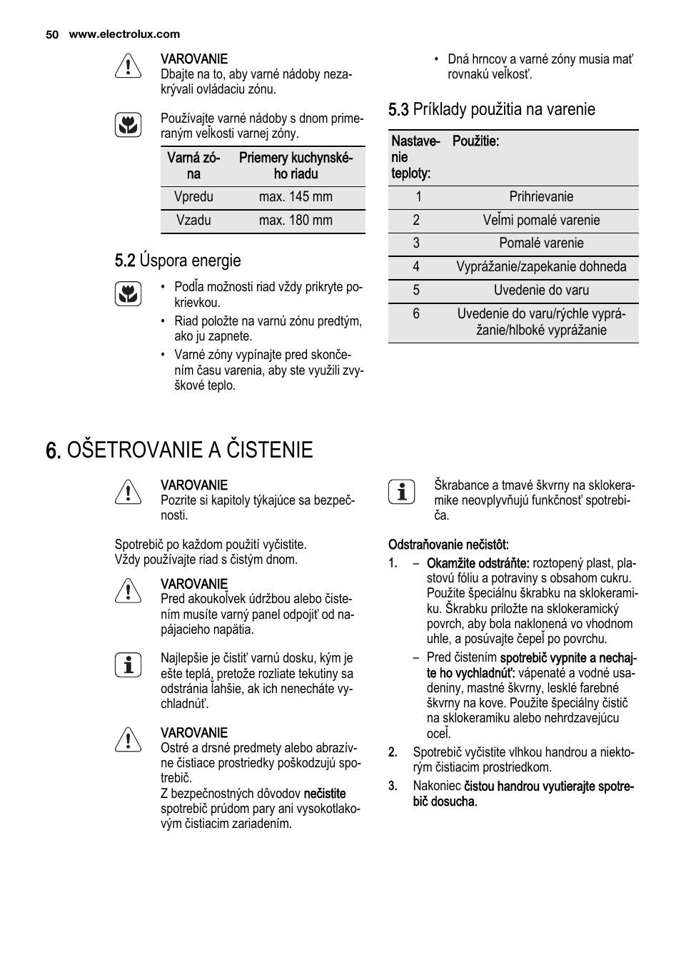Ošetrovanie a čistenie, 2 úspora energie, 3 príklady použitia na varenie | Electrolux EHF3920BOK User Manual | Page 50 / 56
