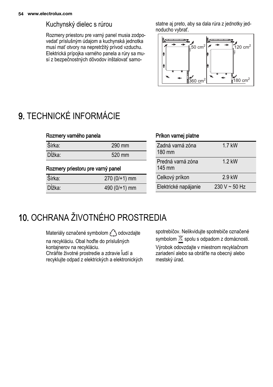 Technické informácie, Ochrana životného prostredia, Kuchynský dielec s rúrou | Electrolux EHF3920BOK User Manual | Page 54 / 56