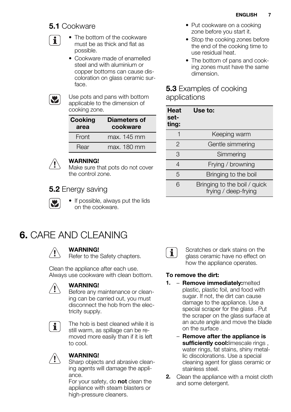 Care and cleaning, 1 cookware, 2 energy saving | 3 examples of cooking applications | Electrolux EHF3920BOK User Manual | Page 7 / 56