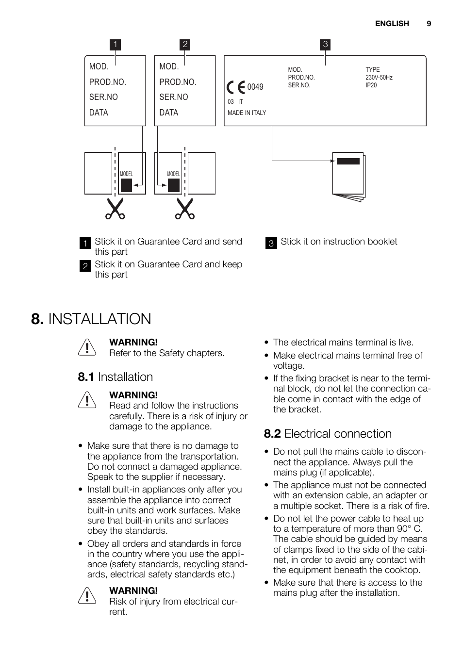 Installation, 1 installation, 2 electrical connection | Electrolux EHF3920BOK User Manual | Page 9 / 56