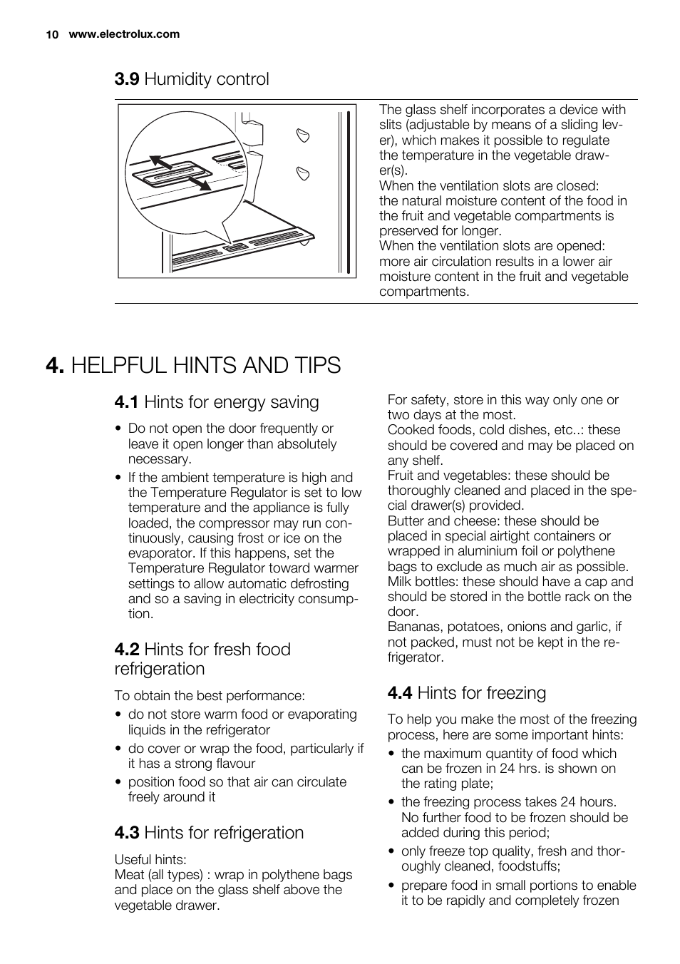 Helpful hints and tips, 9 humidity control, 1 hints for energy saving | 2 hints for fresh food refrigeration, 3 hints for refrigeration, 4 hints for freezing | Electrolux ENN2803COW User Manual | Page 10 / 72