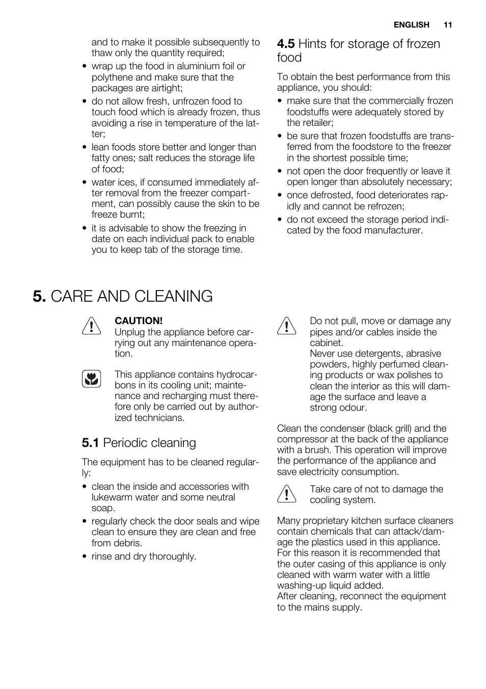 Care and cleaning, 5 hints for storage of frozen food, 1 periodic cleaning | Electrolux ENN2803COW User Manual | Page 11 / 72