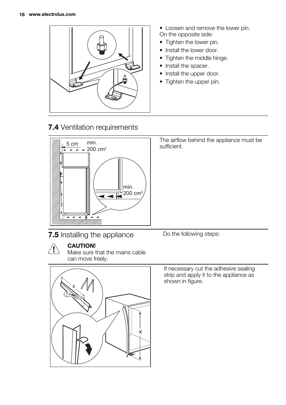 4 ventilation requirements, 5 installing the appliance | Electrolux ENN2803COW User Manual | Page 16 / 72