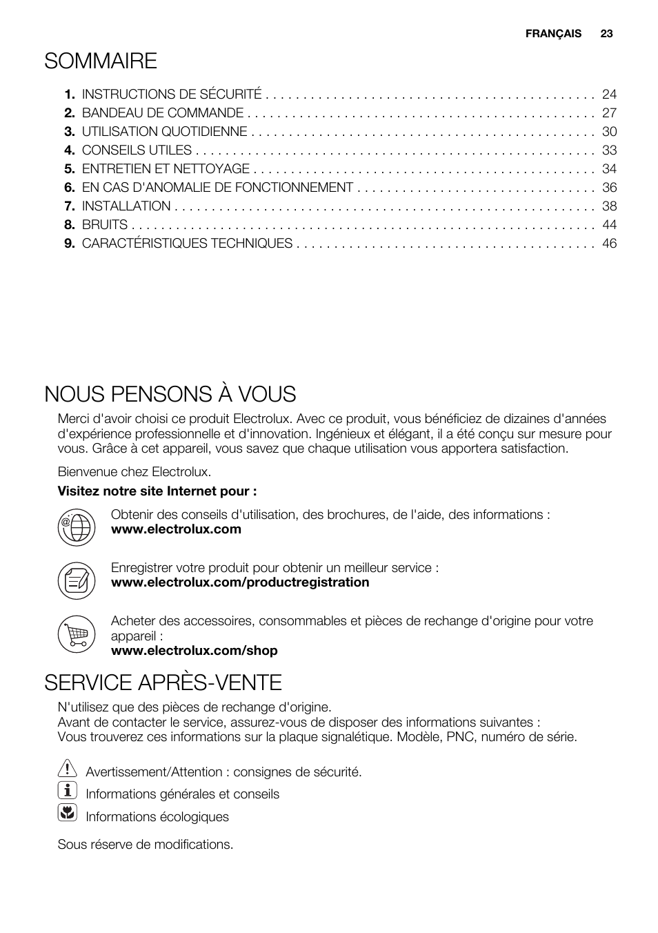 Sommaire, Nous pensons à vous, Service après-vente | Electrolux ENN2803COW User Manual | Page 23 / 72