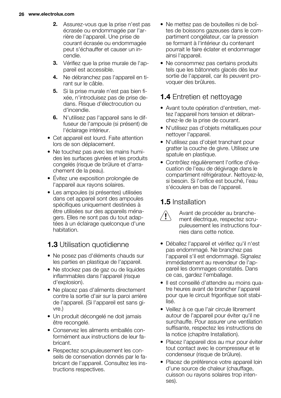3 utilisation quotidienne, 4 entretien et nettoyage, 5 installation | Electrolux ENN2803COW User Manual | Page 26 / 72