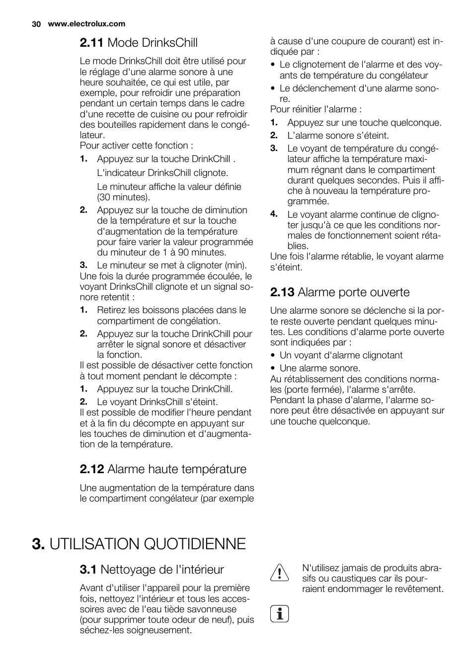 Utilisation quotidienne, 11 mode drinkschill, 12 alarme haute température | 13 alarme porte ouverte, 1 nettoyage de l'intérieur | Electrolux ENN2803COW User Manual | Page 30 / 72