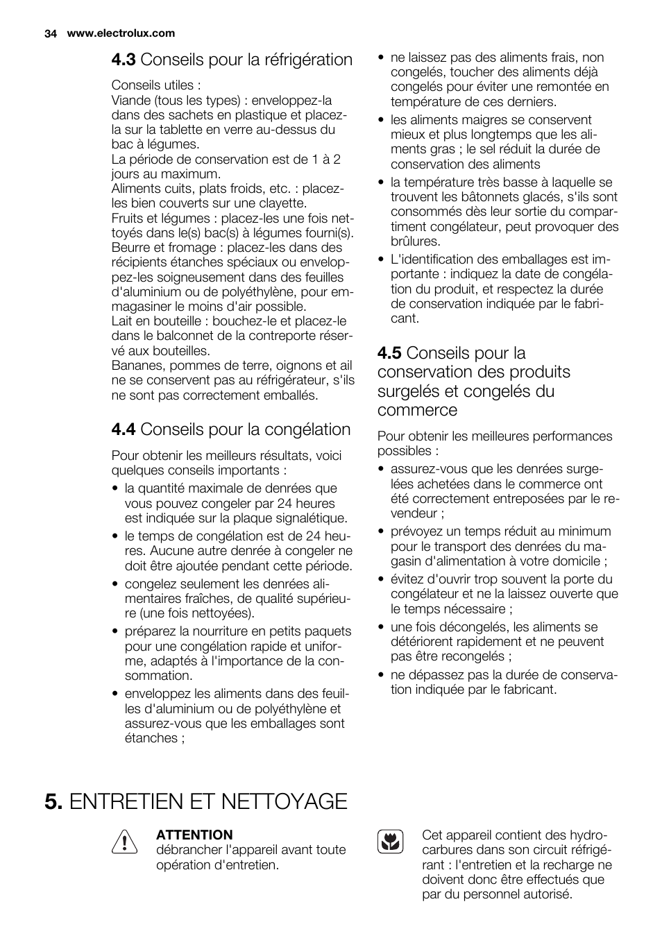 Entretien et nettoyage, 3 conseils pour la réfrigération, 4 conseils pour la congélation | Electrolux ENN2803COW User Manual | Page 34 / 72