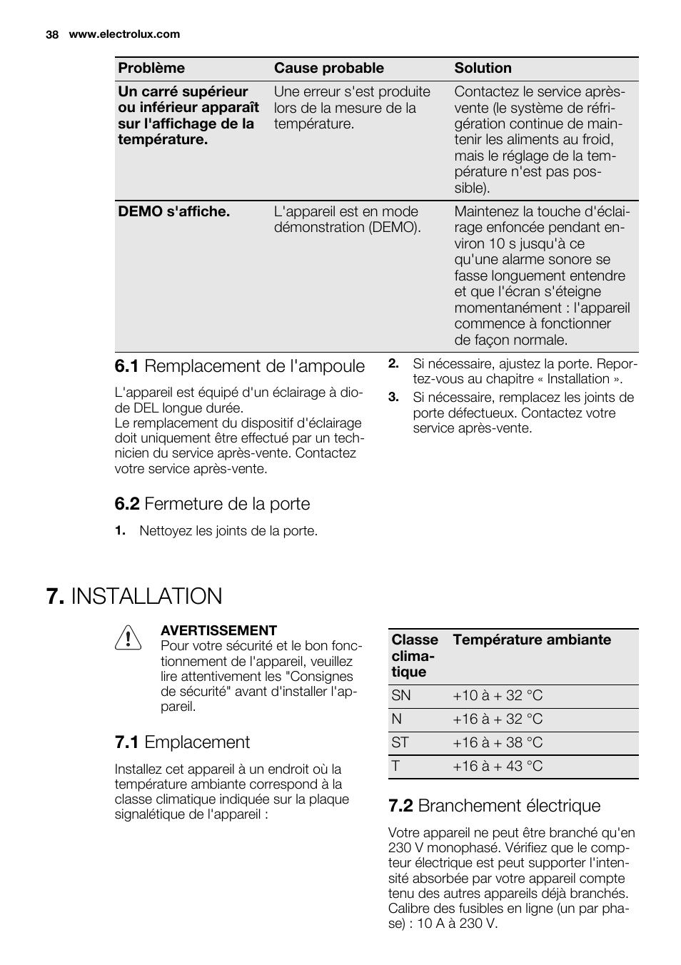 Installation, 1 remplacement de l'ampoule, 2 fermeture de la porte | 1 emplacement, 2 branchement électrique | Electrolux ENN2803COW User Manual | Page 38 / 72